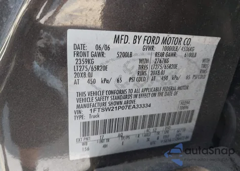 2007 Ford F-250 Lariat/Xl/Xlt from USA, damaged, VIN 1FTSW21P07EA33334